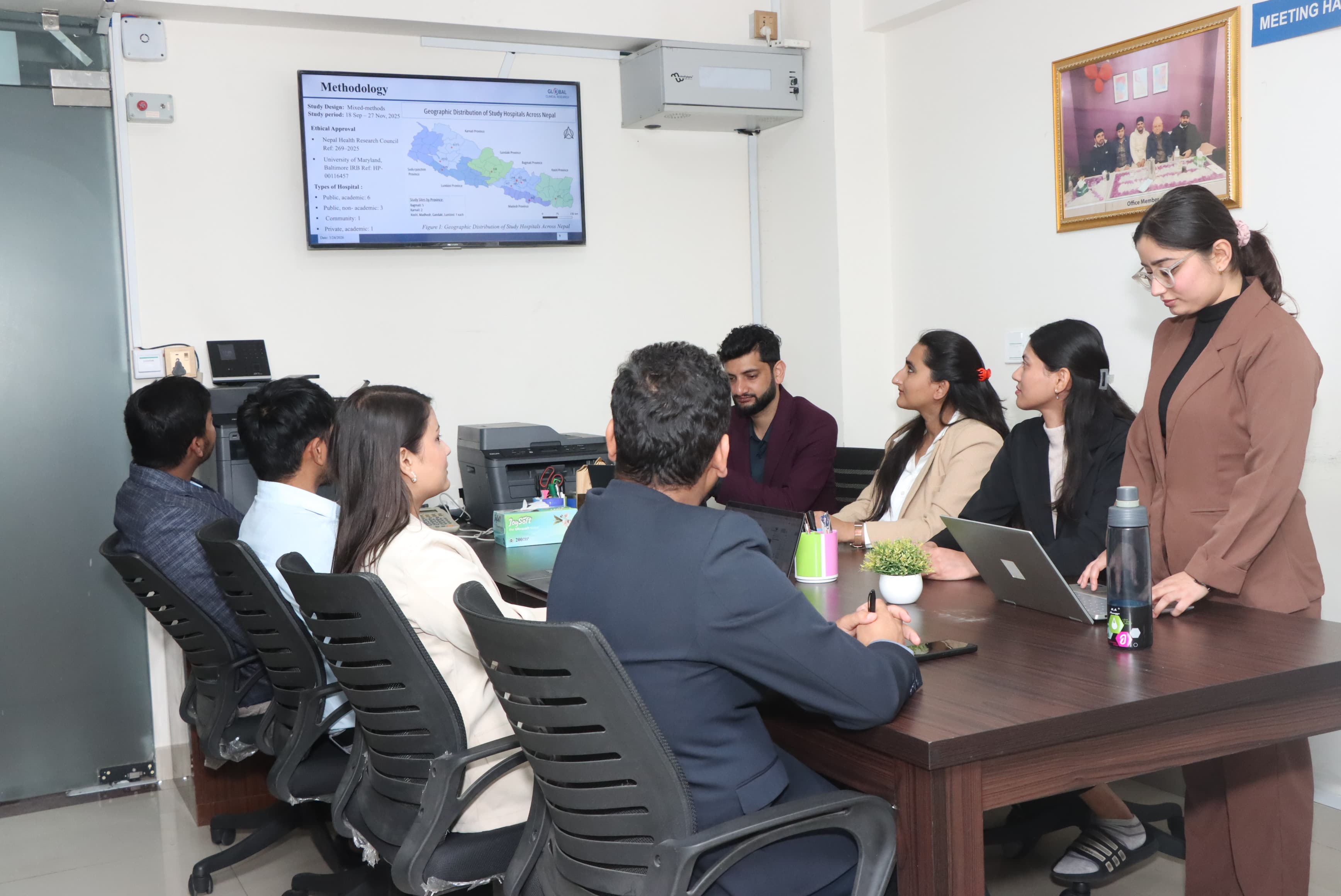 Modern clinical research laboratory with scientists working